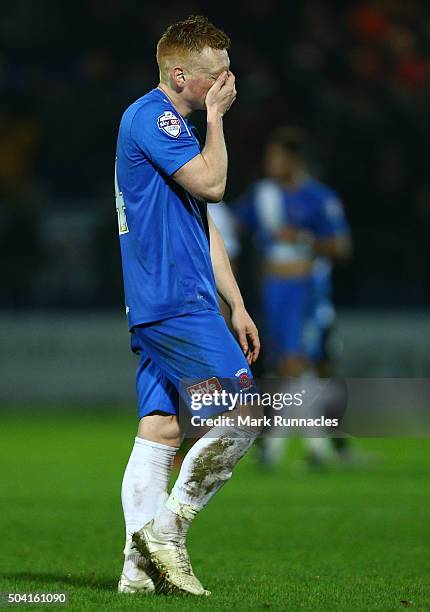 Michael Woods of Hartlepool United walks from the pitch after his side lost to Derby County 2-1 during The Emirates FA Cup third round match between...