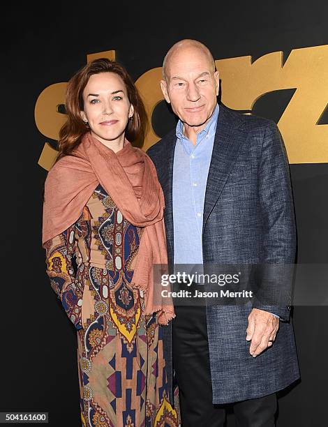 Sunny Ozell and Patrick Stewart attend the STARZ Pre-Golden Globe Celebration at Chateau Marmont on January 8, 2016 in Los Angeles, California.