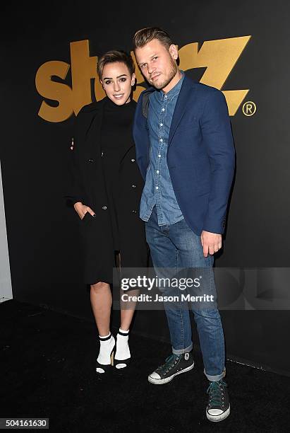 Raychel Diane Weiner and Aaron Schwartz attend the STARZ Pre-Golden Globe Celebration at Chateau Marmont on January 8, 2016 in Los Angeles,...