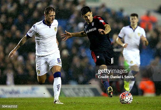 Emmanuel Ledesma of Rotherham United FC controls the ball over Luke Murphy of Leeds United FC during The Emirates FA Cup Third Round match between...