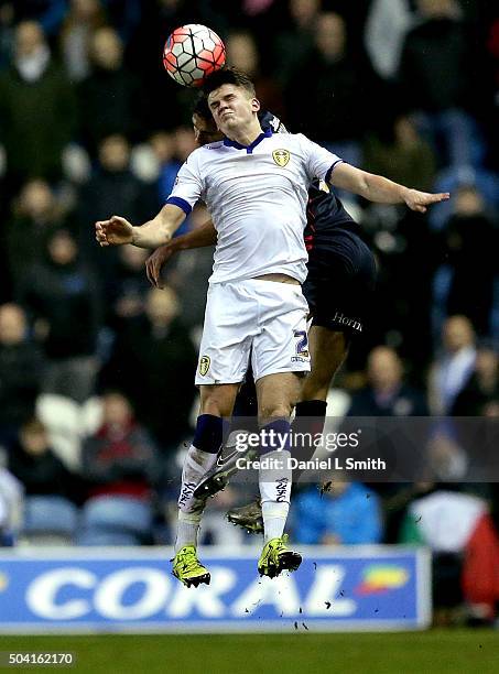 Sam Byram of Leeds United FC heads the ball during The Emirates FA Cup Third Round match between Leeds United and Rotherham United at Elland Road on...