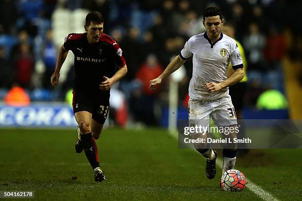 Lewie Coyle of Leeds United FC controls the ball during The Emirates FA Cup Third Round match between Leeds United and Rotherham United at Elland...