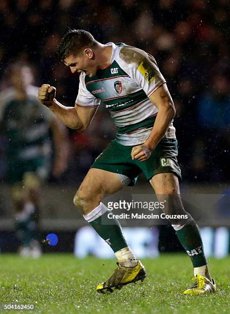 Freddie Burns of Leicester Tigers celebrates following the match-winning penalty during the Aviva Premiership match between Leicester Tigers and...