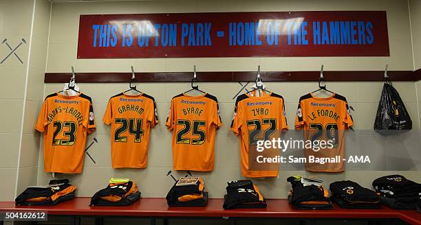 The shirts of Wolverhampton Wanderers hang in the West Ham United away dressing room before kick off of The Emirates FA Cup match between West Ham...