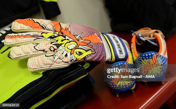 The gloves and boots of Damian Martinez of Wolverhampton Wanderers in the away dressing room before kick off of The Emirates FA Cup match between...