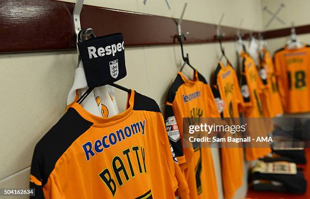 The shirt of Danny Batth of Wolverhampton Wanderers hangs in the away dressing room before kick off of The Emirates FA Cup match between West Ham...