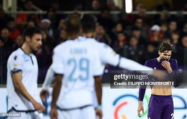 Fiorentina's defender from Spain Marcos Alonso Mendoza reacts during the Italian Serie A football match Fiorentina vs Lazio at the Artemio Franchi...