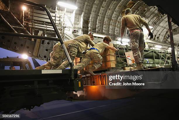 Ground crew loads misiles into a U.S. Air Force C-17 Globemaster cargo jet bound for Iraq on January 9, 2016 from a base in an undisclosed location...