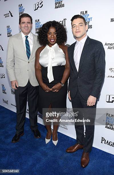 Film Independent President Josh Welsh, hosts Rami Malek, and Uzo Adubo attend the 2016 Film Independent Filmmaker Grant and Spirit Award Nominees...