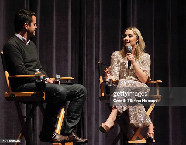 Dave Karger and Saoirse Ronan attend SAG-AFTRA Foundation conversations with Saoirse Ronan of 'Brooklyn' at Zanuck Theater at 20th Century Fox Lot on...