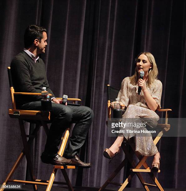 Dave Karger and Saoirse Ronan attend SAG-AFTRA Foundation conversations with Saoirse Ronan of 'Brooklyn' at Zanuck Theater at 20th Century Fox Lot on...
