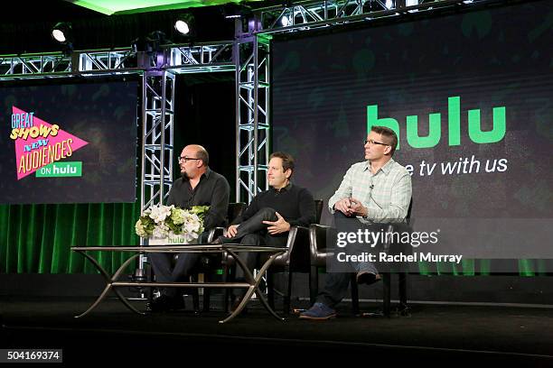 Producers Anthony Zuiker , Darren Star , and Robert Thomas speak onstage during the Hulu Winter TCA Press Tour 2016 'Great Shows, New Audiences'...