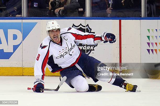 Alex Ovechkin of the Washington Capitals celebrates his game winning overtime goal against the New York Rangers at Madison Square Garden on January...