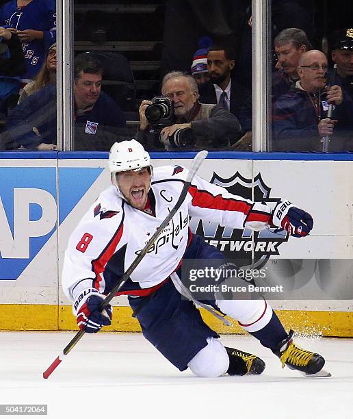 Alex Ovechkin of the Washington Capitals celebrates his game winning overtime goal against the New York Rangers at Madison Square Garden on January...