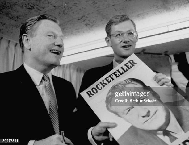 Republican Nelson A. Rockefeller and his son Rodman Rockefeller campaigning for GOP presidential nomination.