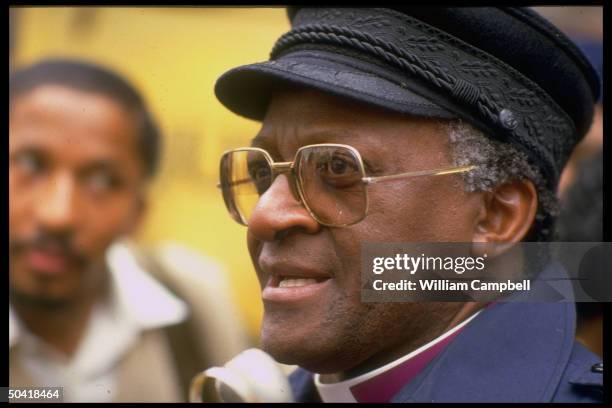 Bishop Desmond Tutu on scene, trying to calm things down during riots at Crossroads .