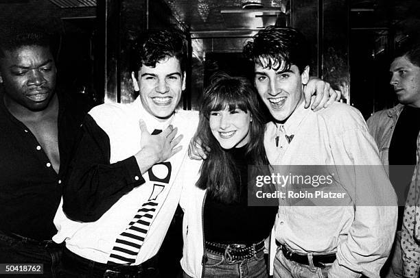 Pop singer Tiffany w. New Kids on the Block members Jordan & Jon Knight at party at Hard Rock Cafe.