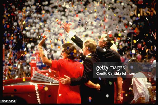 Winning team Barbara & George Bush & Dan & Marilyn Quayle celebrating victory, waving amid balloons & fanfare, at Repub. Natl. Convention.