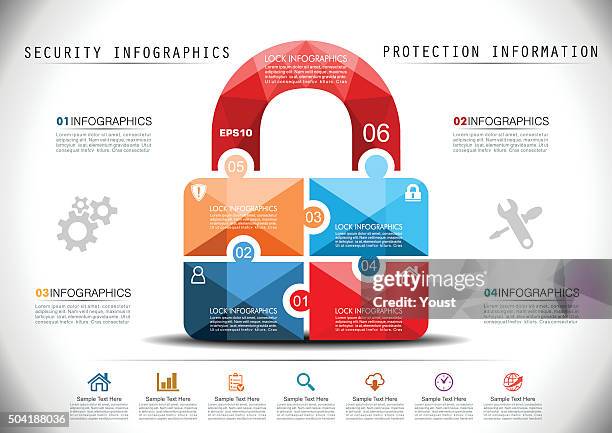 ilustraciones, imágenes clip art, dibujos animados e iconos de stock de infografías de seguridad - unlocking