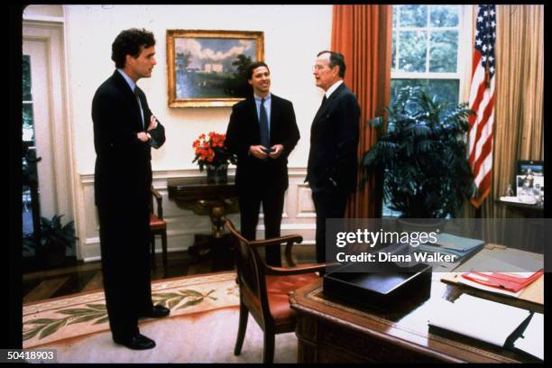 Pres. George Bush w. Son Marvin Bush & Marvin's brother-in-law Pierce O'Neill during surprise visit to Oval Office.