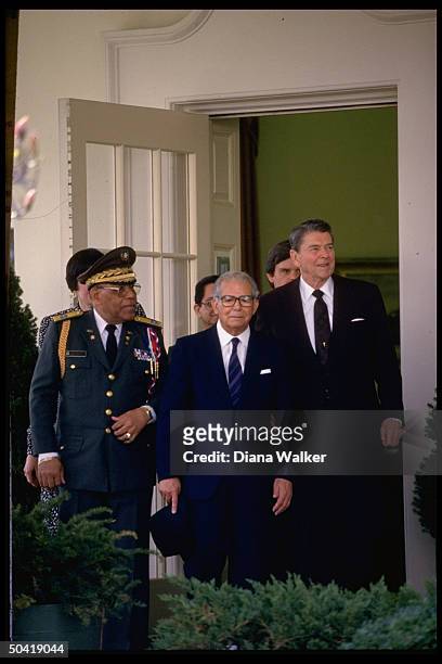 Pres. Ronald Reagan w. Dominican Republic Pres. Joaquin Balaguer Ricardo , w. Unident., at WH.