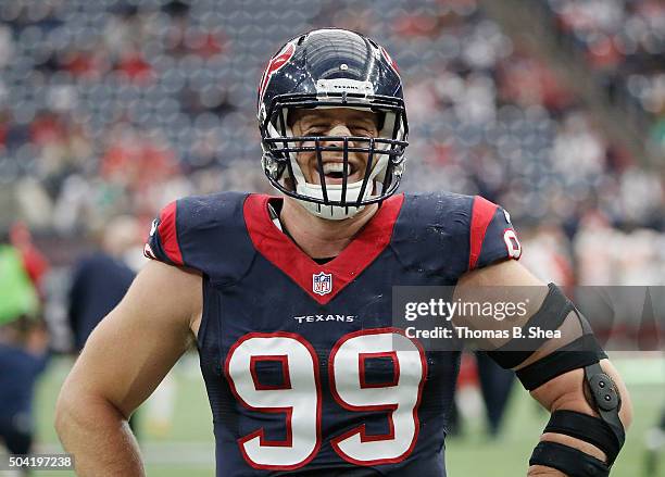 Watt of the Houston Texans smiles while playing against the Kansas City Chiefs during the AFC Wild Card Playoff game at NRG Stadium on January 9,...