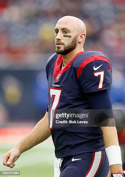 Quarterback Brian Hoyer of the Houston Texans looks on before the AFC Wild Card Playoff game against the Kansas City Chiefs at NRG Stadium on January...