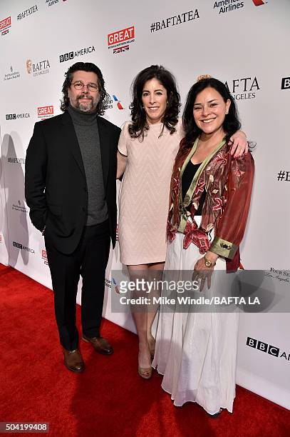 Producers Ronald D. Moore and Maril Davis, and writer Diana Gabaldon attend the BAFTA Los Angeles Awards Season Tea at Four Seasons Hotel Los Angeles...
