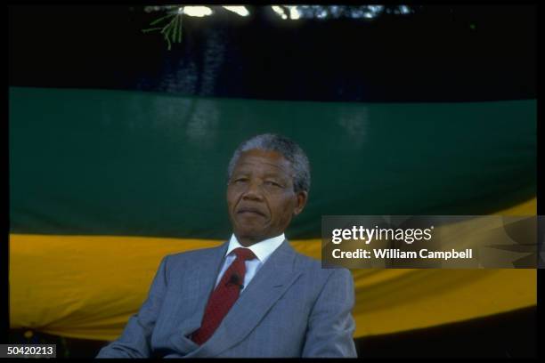 Ldr. Nelson Mandela poised against ANC flag backdrop, at ANC rally in Capetown, S. Africa.