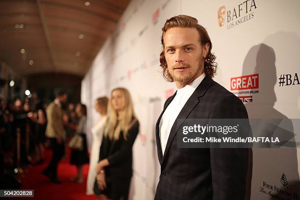 Actor Sam Heughan attends the BAFTA Los Angeles Awards Season Tea at Four Seasons Hotel Los Angeles at Beverly Hills on January 9, 2016 in Los...