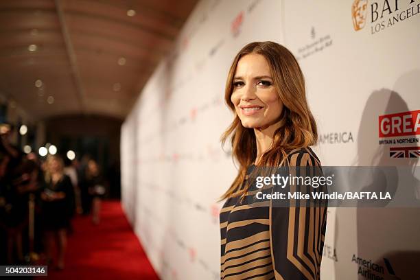 Actress Saffron Burrows attends the BAFTA Los Angeles Awards Season Tea at Four Seasons Hotel Los Angeles at Beverly Hills on January 9, 2016 in Los...