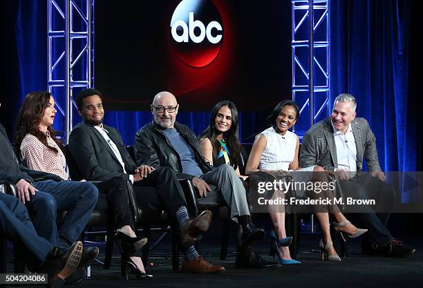 Actors Juliette Lewis, Michael Ealy, Terry O'Quinn, Jordana Brewster, Mekia Cox and executive producer Aaron Kaplan speak onstage during ABC's...