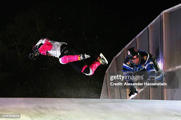 Myriam Trepainer of Canada wins the finale against Jacqueline Legere of Canada during day 2 of the Red Bull Crashed Ice Cross Downhill World...