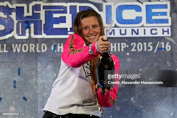 Myriam Trepainer of Canada celebrates winning the finale of day 2 of the Red Bull Crashed Ice Cross Downhill World Championship 2015/16 at...