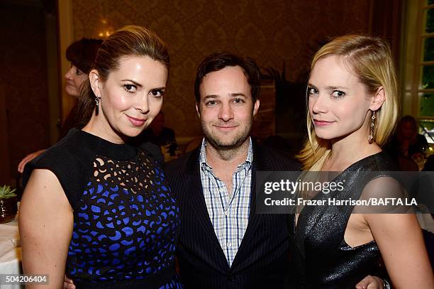 Personality Carly Steel, writer Danny Strong and actress Caitlin Mehner attend the BAFTA Los Angeles Awards Season Tea at Four Seasons Hotel Los...