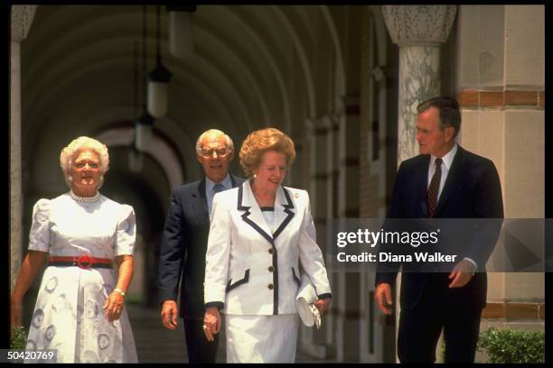 Pres. & Barbara Bush greeting British PM Margaret & Denis Thatcher during opening of Econ. Summit, at Rice Univ.