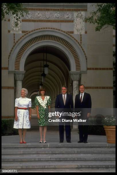 Pres. & Barbara Bush greeting Canadian PM & Mila Mulroney during opening of Econ. Summit, at Rice Univ.