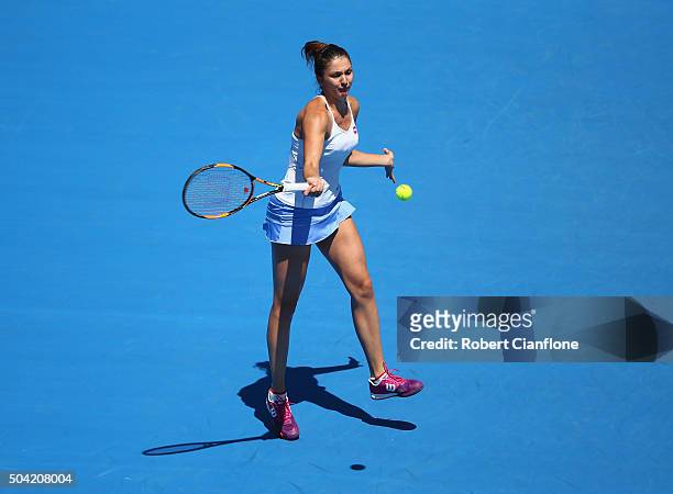 Margarita Gasparyan of Russia plays a forehand in the women's single match against Maddison Inglis of Australia during day one of 2016 Hobart...