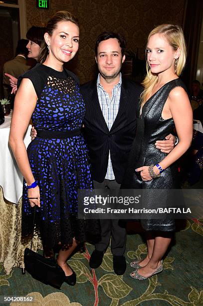 Personality Carly Steel, writer Danny Strong and actress Caitlin Mehner attend the BAFTA Los Angeles Awards Season Tea at Four Seasons Hotel Los...