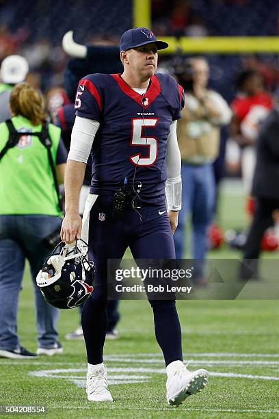 Brandon Weeden of the Houston Texans leaves the field after their 30-0 loss to the Kansas City Chiefs during the AFC Wild Card Playoff game at NRG...