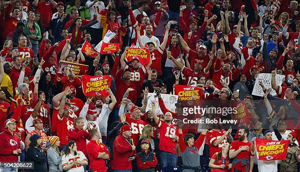 Fans of the Kansas City Chiefs celebrate their 30-0 win over the Houston Texans during the AFC Wild Card Playoff game at NRG Stadium on January 9,...
