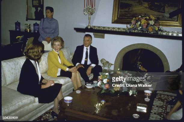 First Lady Nancy Reagan President Miguel de la Madrid Hurtado and his wife during her trip to earthquake devastated Mexico City, Mexico.