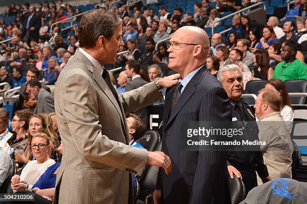 Head coach Randy Wittman of the Washington Wizards and head coach Scott Skiles of the Orlando Magic talk before the game on January 9, 2016 at Amway...