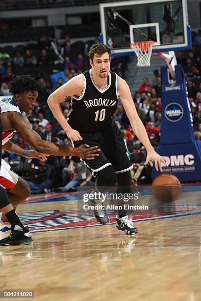 Sergey Karasev of the Brooklyn Nets brings the ball up court against the Detroit Pistons on January 9, 2016 at The Palace of Auburn Hills in Auburn...