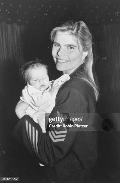 Actress Mariel Hemingway holding 10-week-old daughter Langley at a benefit screening of the motion picture Immediate Family, for the Pediatric AIDS...