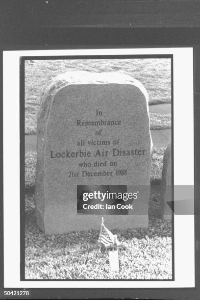 Closeup of memorial stone which reads In Remembrance of all victims of Lockerbie Air Disaster who died on 21st December 1988 in memorial gardens.