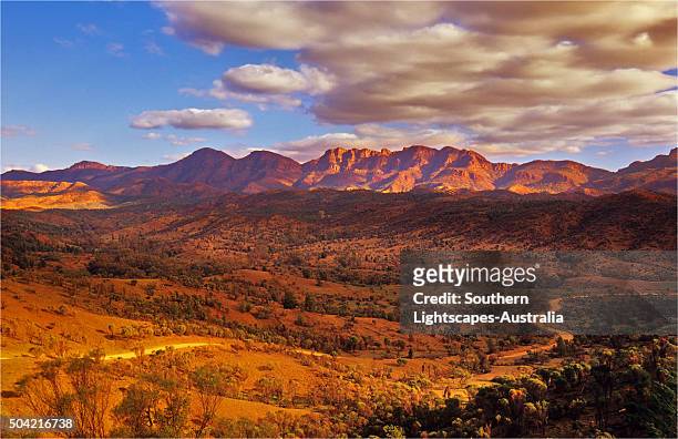 an elevated view, showing the gravel road winding its way through the bunaroo valley, flinders ranges national park, south australia. - flinders ranges stock-fotos und bilder