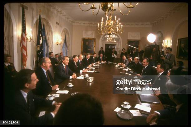Pres. Reagan mtg. W. VP Bush , Sens. Helms, Dole, Simpson, Luggar, Cohen, aides Baker & Powell , Sens. Wallop & Stevens.