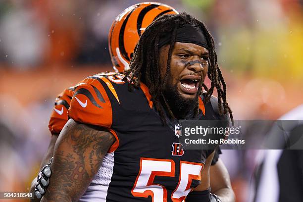 Vontaze Burfict of the Cincinnati Bengals reacts in the third quarter against the Pittsburgh Steelers during the AFC Wild Card Playoff game at Paul...
