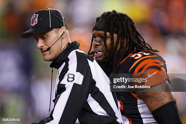 Vontaze Burfict of the Cincinnati Bengals reacts in the third quarter against the Pittsburgh Steelers during the AFC Wild Card Playoff game at Paul...